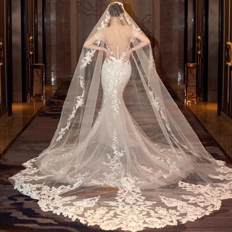 奢华重工复古蕾丝花边轻主婚纱头纱新娘结婚造型超长拖尾森系头饰