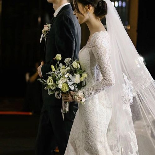 新娘头纱主婚纱森系遮面白色蕾丝奢华超长款拖尾软纱头纱鱼尾婚纱