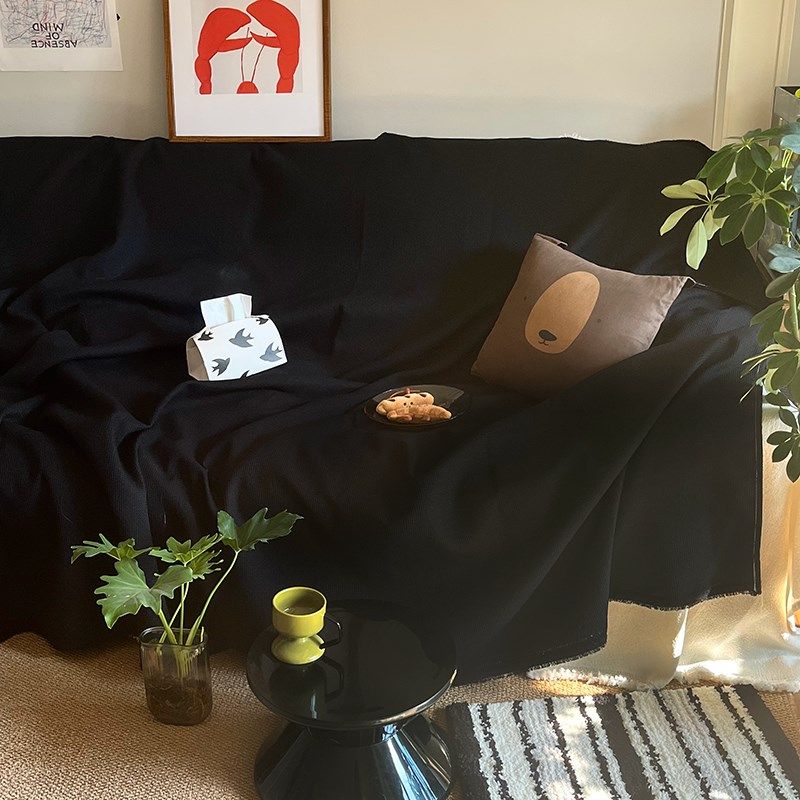 南岛宝社[黑色盖毯]in中古风高级感日韩通用单人大小沙发罩盖布