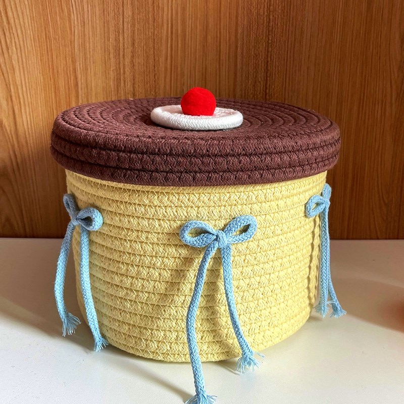 奶黄布丁蝴蝶结棉绳编织收纳筐可爱卡通零食杂物收纳篮客厅卧室