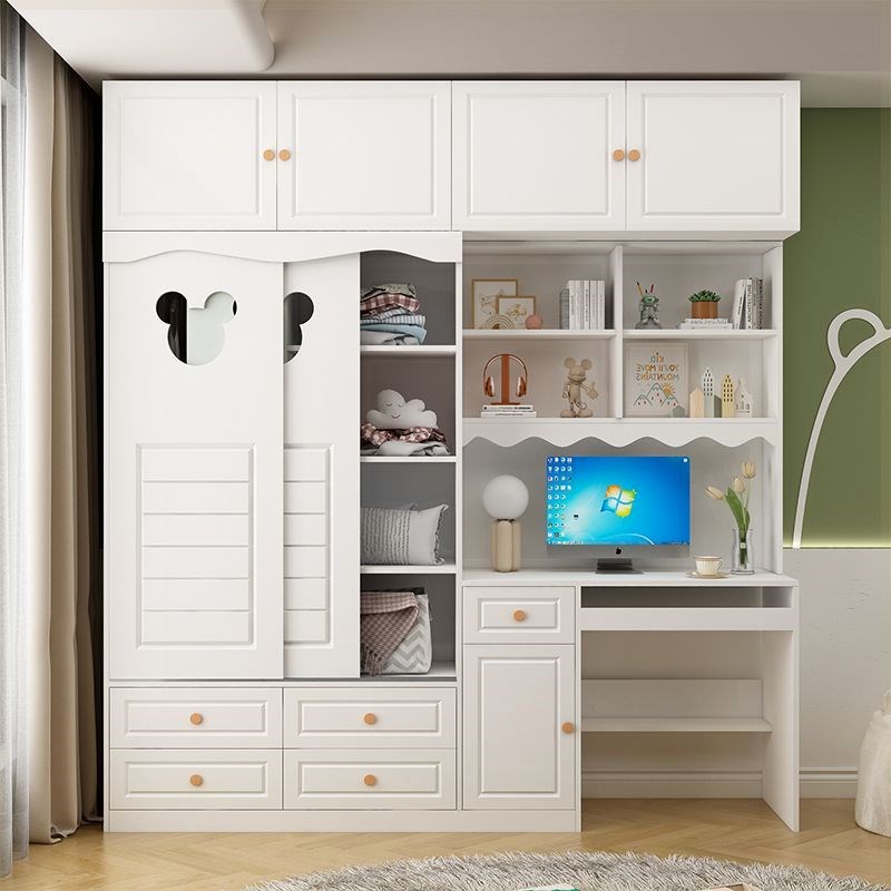 电脑桌儿童男孩宝宝带实木衣柜加书架学习写字台一体连体书桌