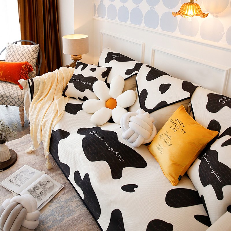 时尚大气黑白奶牛斑点夏季沙发垫现代防滑布艺皮沙发巾定制