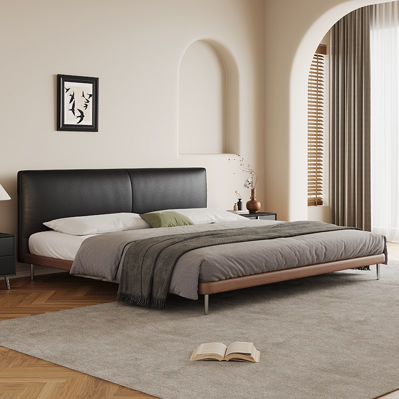 复古风软包头层牛皮床主卧现代简约意式极简黑色豆腐块人床