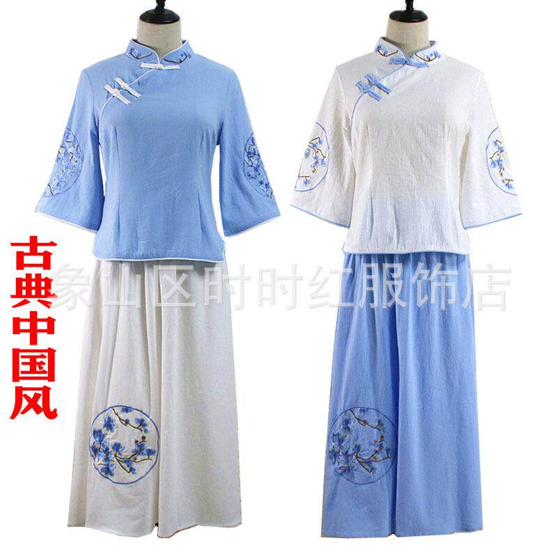 民国风女装 夏季新款改良民国风汉服棉麻青花瓷绣花女装套装