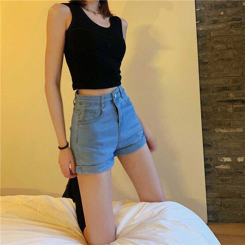 欧美AA风牛仔短裤女 纯色腰卷边牛仔短裤弹力热裤