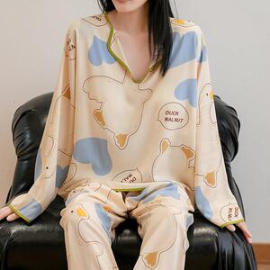 棉绸世家睡衣带胸垫女春秋季翻领家居服甜美绵绸两件套舒适感套装