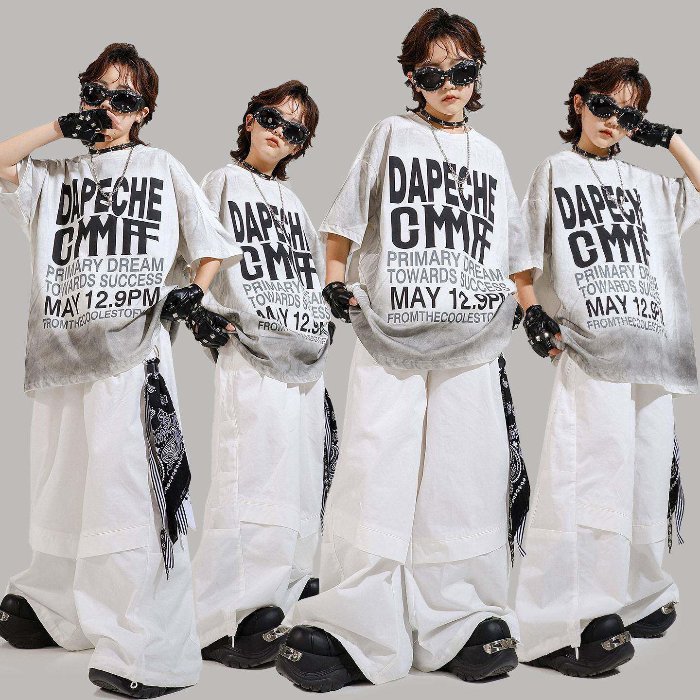 儿童街舞潮服嘻哈童架子鼓演出服女童白色炸街舞蹈hiohop表演服