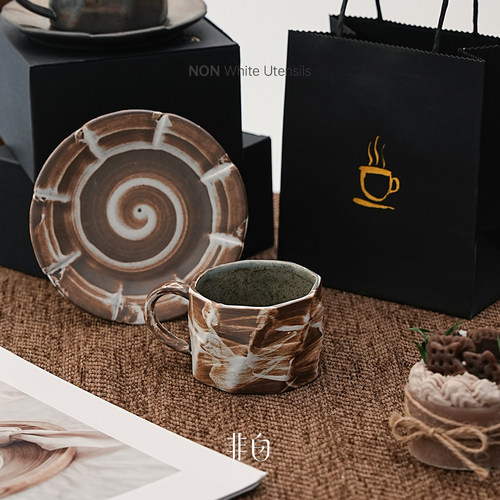 复古咖啡杯粗陶马克杯带把创意鎏金送礼家用陶瓷茶水杯子套装礼盒