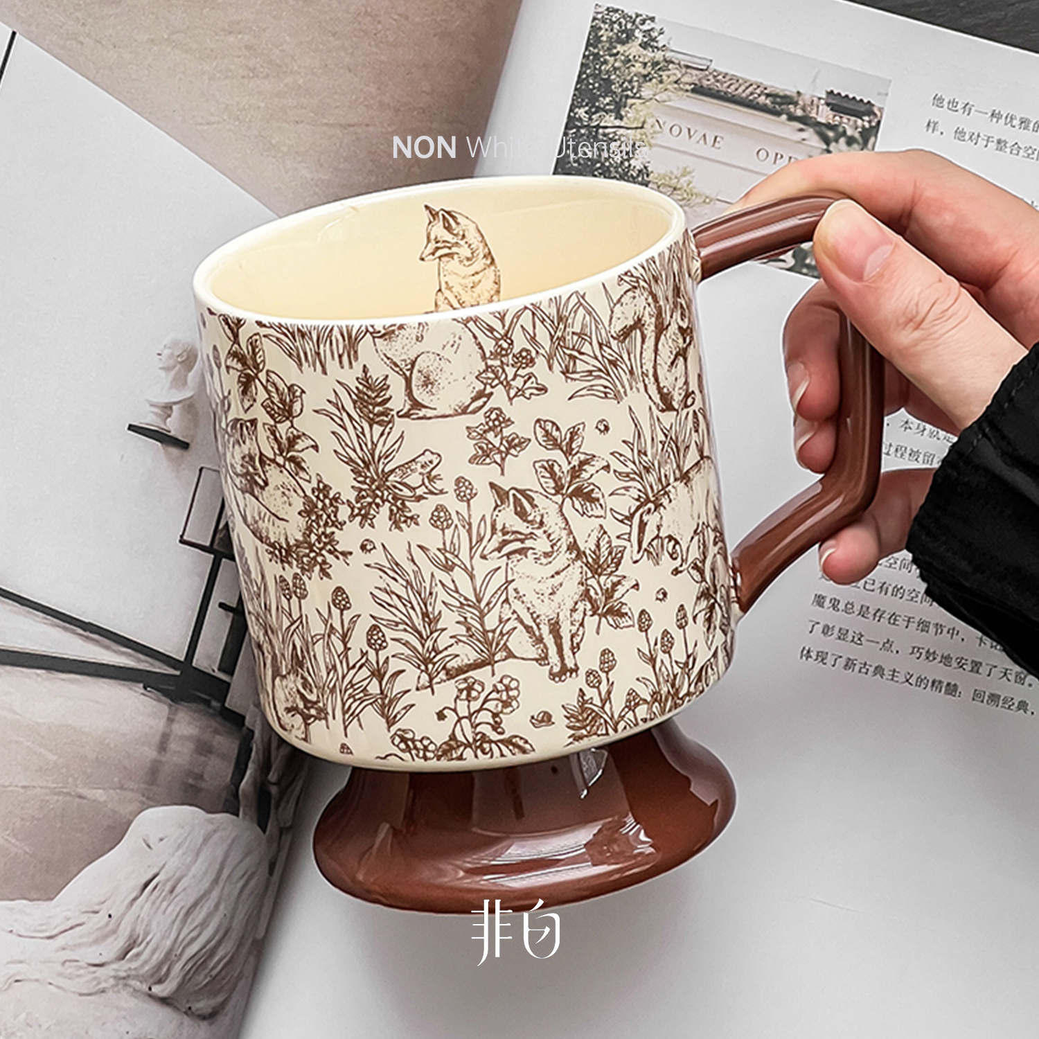 复古马克杯棕狐狸大容量水杯中古风陶瓷杯子小众礼物女士高档精致