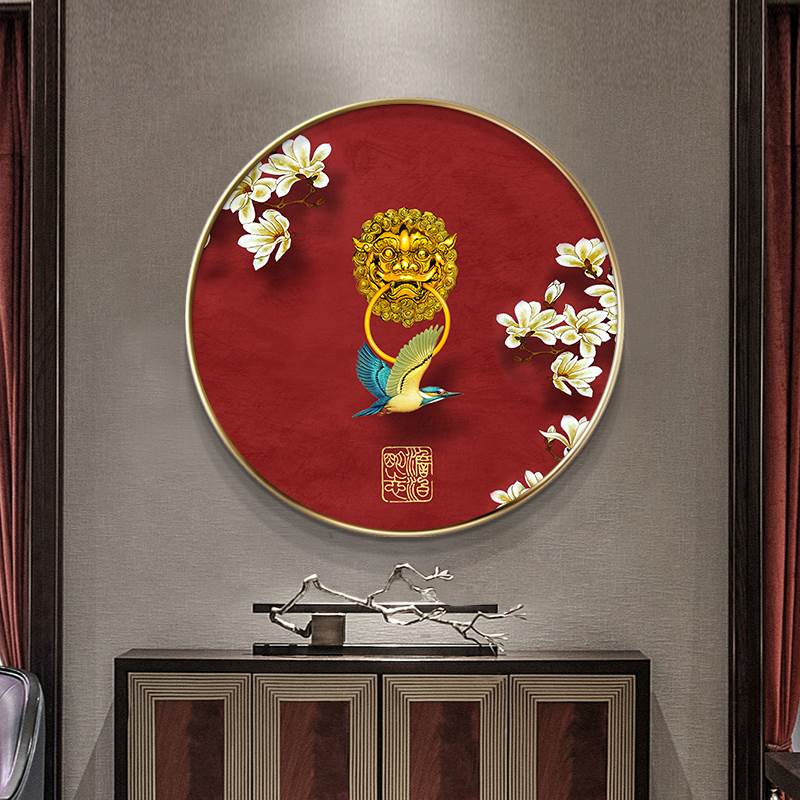 新中式玄关装饰画客厅沙发背景墙壁F画中国风茶室禅意花鸟圆形挂