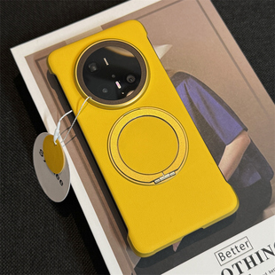 黄色mate60pro金属支架m60磁吸充电por超薄高级感硬壳男士 适用华为Mate70Pro无边框手机壳新款 高品质素皮