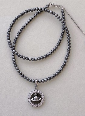 夏季施家真多麻大溪地黑珍珠项链吊坠万能扣土星圆牌贝母项坠配饰