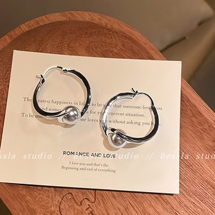 法式 灰色珠珠不规则耳环女2025新款 轻奢圈圈耳饰气质简约百搭耳钉