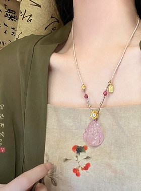 粉色玉髓天然石佛公吊坠编绳项链女2024新款新中式古风禅意配饰品