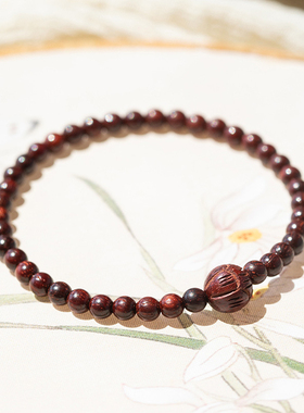 小叶紫檀莲花雕刻珠单圈手链男女情侣复古民族风木质佛珠手串念珠