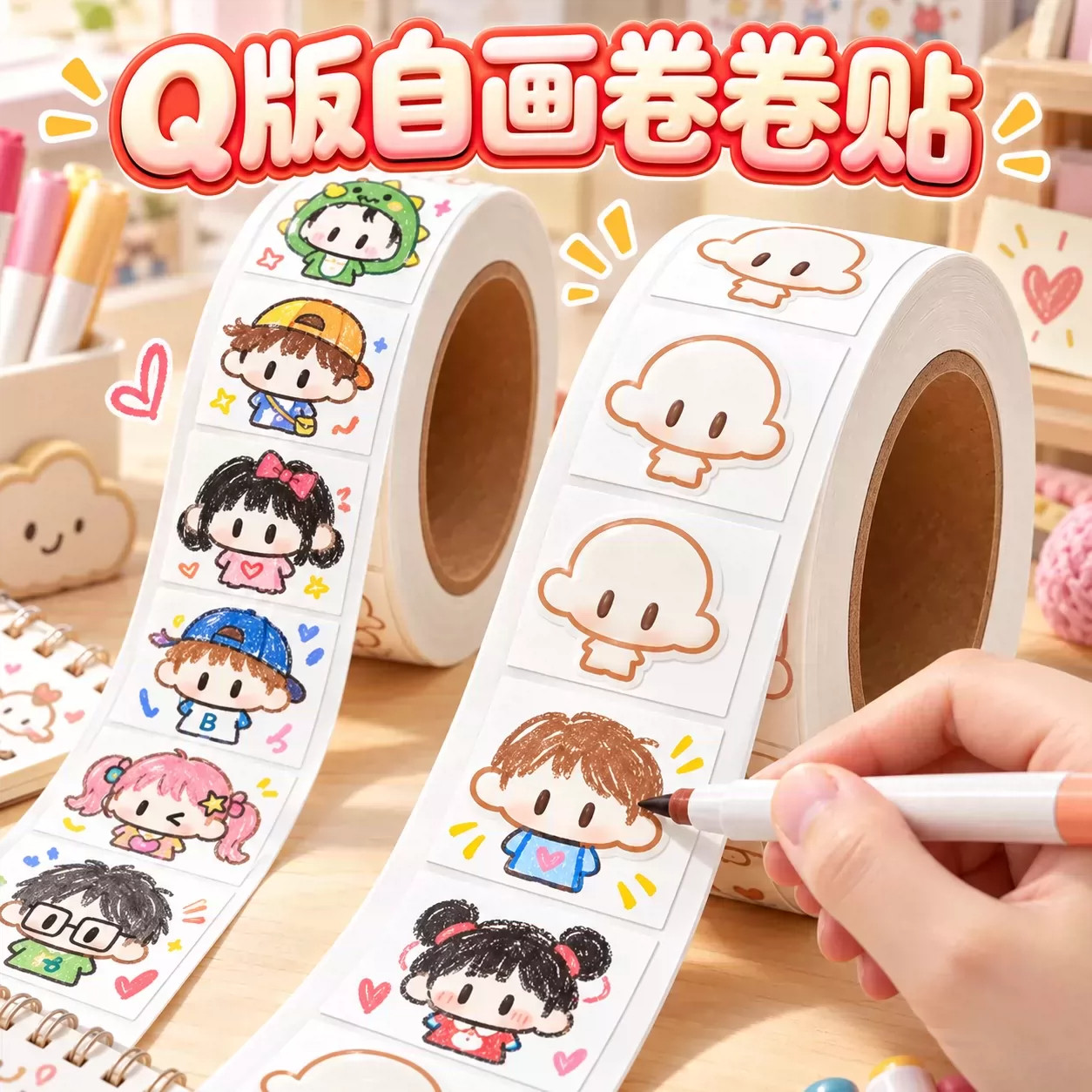 空白自画模板Q版小人创意卷卷贴图片