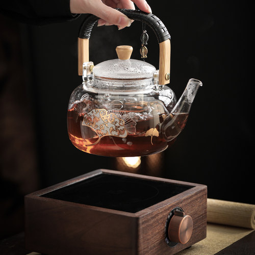 胡桃木电陶炉煮茶器煮花茶茶壶耐热玻璃煮茶壶高档围炉煮茶套装