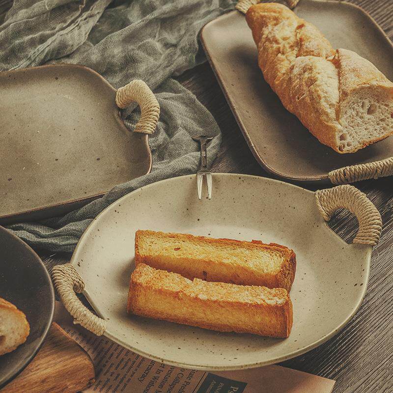 粗陶碟子陶瓷盘子日式餐具家用复古餐盘创意双耳鱼盘菜盘早餐盘