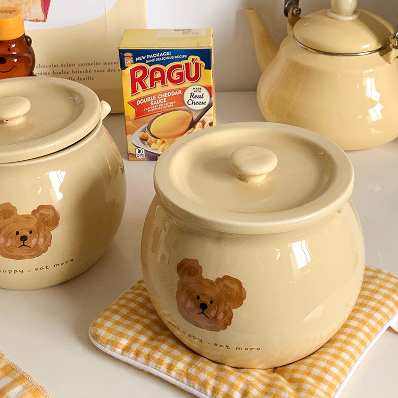 emo熊家用耐高温陶瓷猪油罐厨房红D油罐子油泼辣子罐带盖勺调料罐