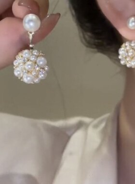 银针珍珠耳钉镶钻精致圆球耳坠气质网红耳饰高级小众设计洋气耳环