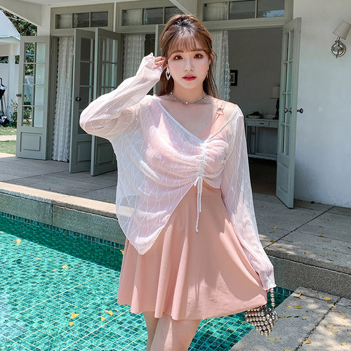 泳衣女胖妹妹遮肚子大码三件套温泉遮肚显瘦保Z守长袖泳装