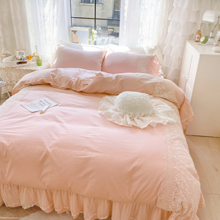 ins春夏蕾丝花边纯棉床上四件套公主风10L0全棉被套少女网红床裙