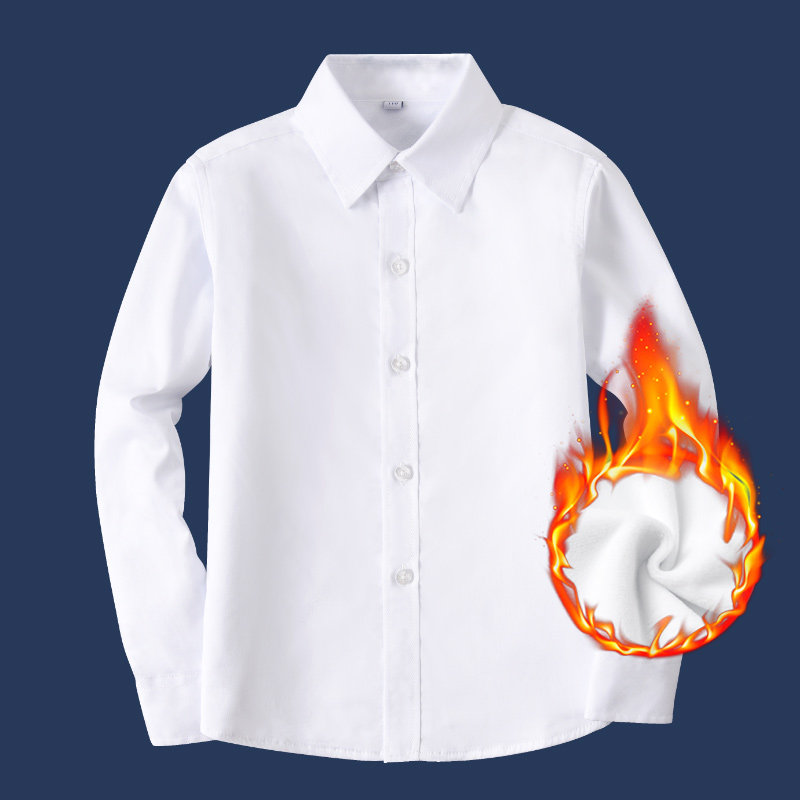 男童白衬衫长袖纯棉冬季加绒v加厚保暖大童小学生校服儿童白色衬