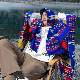 民族风大披肩男宝蓝色外搭披风斗A篷带帽围巾云南丽江新疆旅游拍