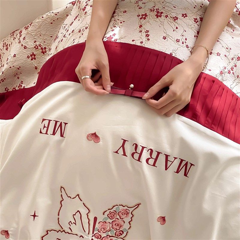 法式浪漫婚庆100o支长绒棉四件套全棉红色刺绣款结婚床上用品,床上用品,婚庆床品套件,淘宝优惠券,粉丝福利购,淘宝优惠卷