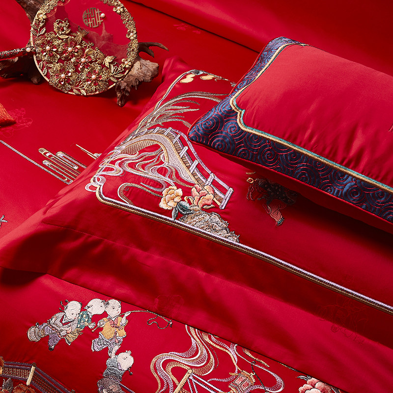 喜被四件套结婚大红色刺绣百B子图新中式婚庆床上用品十件套,床上用品,婚庆床品套件,淘宝优惠券,粉丝福利购,淘宝优惠卷