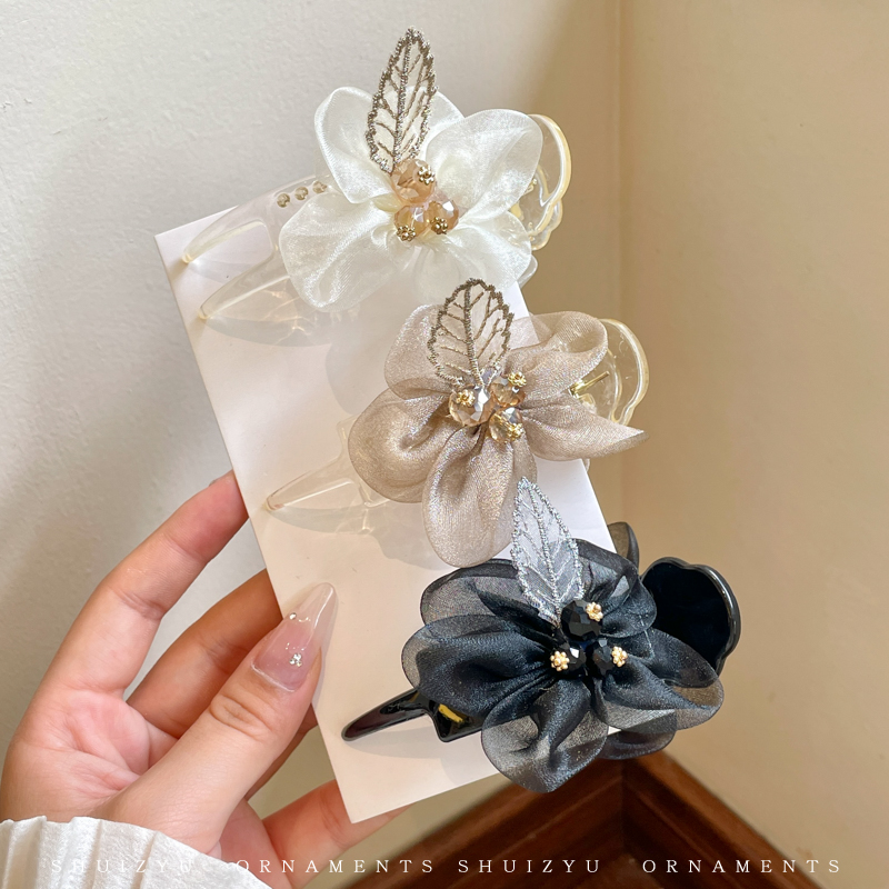 丸子头抓夹女夏季简约气质花朵发夹网纱发卡后脑勺鲨鱼夹夹子头饰