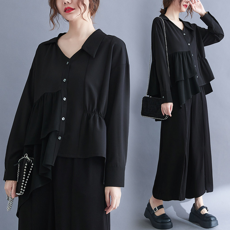 秋季韩版大码荷叶边拼接长袖w衬衫女遮肚显瘦V领娃娃衫宽松衬衣潮
