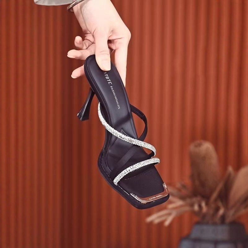 高级感方头水钻一字拖鞋女外穿细跟高跟鞋2025年U夏季新款凉拖鞋