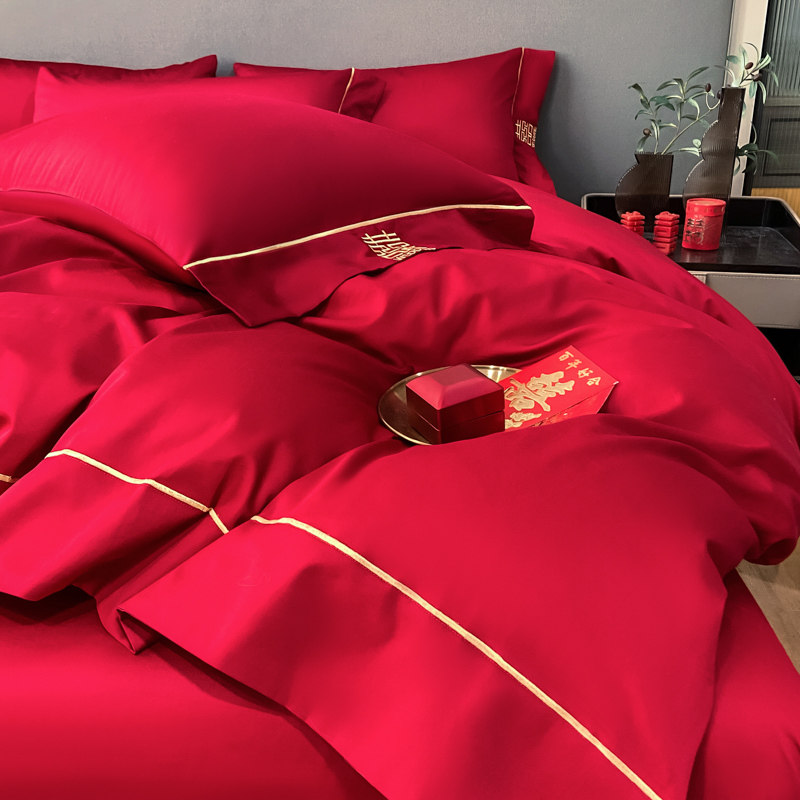 简约婚庆四件组大红p色结婚喜字刺绣全棉被套牀单喜嫁牀上用品,床上用品,婚庆床品套件,淘宝优惠券,粉丝福利购,淘宝优惠卷