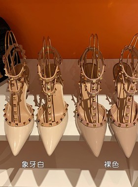 铆钉高跟鞋d女2024年夏季新款尖头细跟白色柳丁不累脚网红凉鞋单