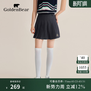 GOLDEN BEAR/金熊 春夏女士百搭学院风A字JK梭织短款百褶半身裙