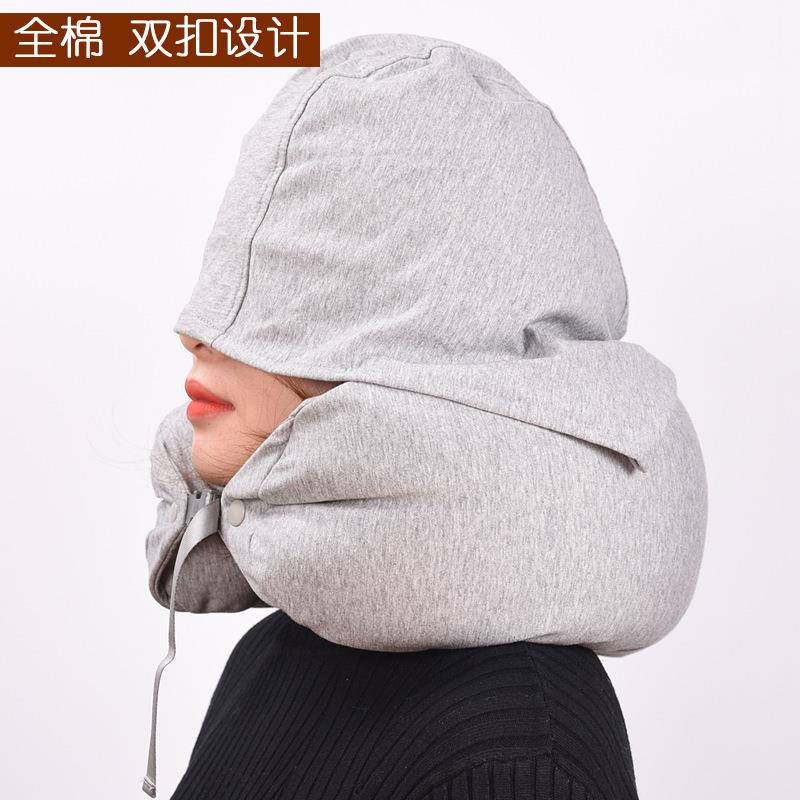 粒子U型枕连帽多功能颈枕飞机午睡带帽遮光护颈护腰长条枕头透气