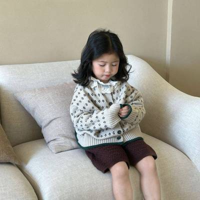 2024秋季新款童装 韩版童装 女童碎花毛线开衫+短裤 女童毛线套装