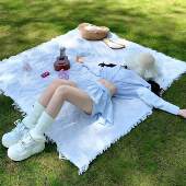 春游白色流苏针织野餐垫户外防潮垫可携式 毯子 野餐毯露营白色法式