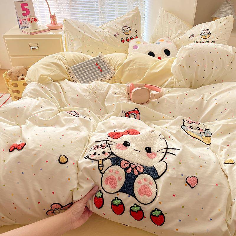 ins水洗棉毛巾绣四件套床上用品刺绣床单被套可爱卡通宿舍三件套