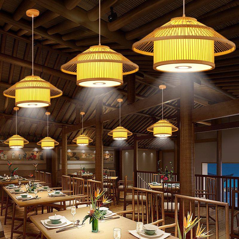 中式餐厅饭店竹编吊灯酒店包间包房包厢火锅店创意带射灯简约灯具