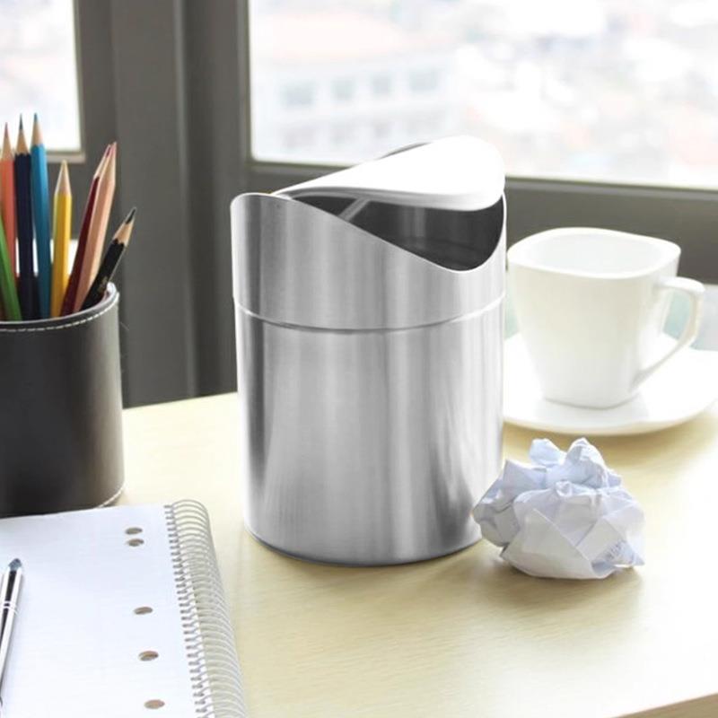 304不锈钢桌面垃圾桶银色迷你小型创意摇翻盖车载办公收纳垃圾桶