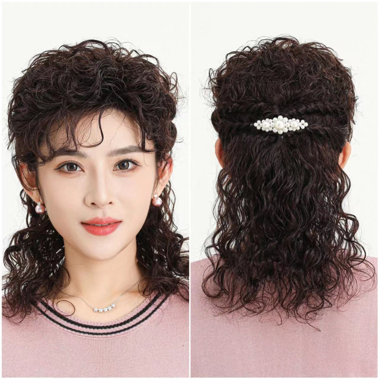 假发女长发中长卷发真人发丝中老年妈妈发L型羊毛卷半扎可盘发假