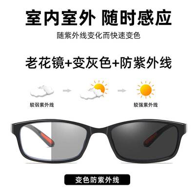 新款时尚感光变色老花镜男高清室内外两用超轻tr90防蓝光老花眼镜