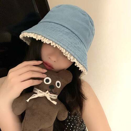 蕾丝边牛仔渔夫帽防晒盆帽高级感遮阳学院风可爱显脸小水桶帽子女