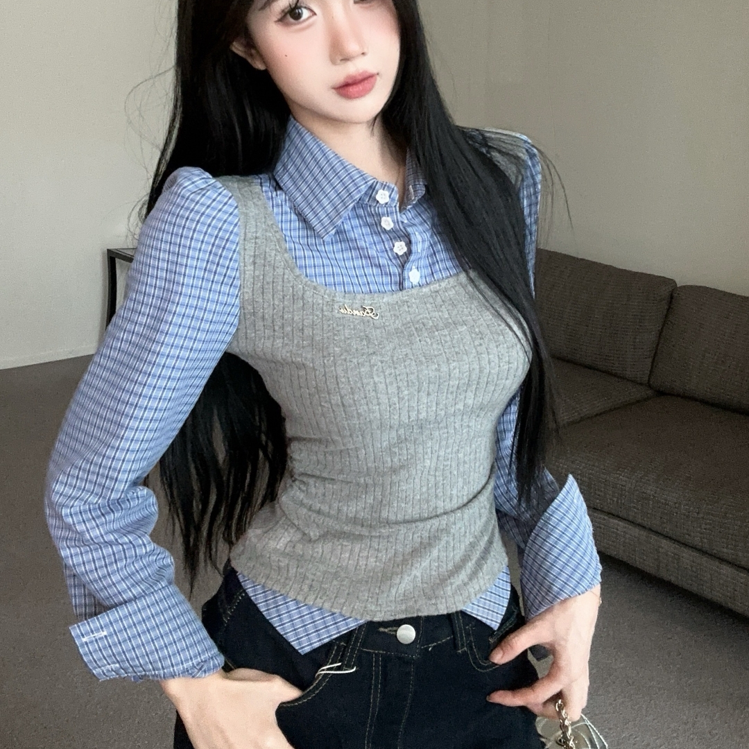 美式辣妹假两件格子拼接衬衫收腰显瘦通勤翻领长袖上衣女