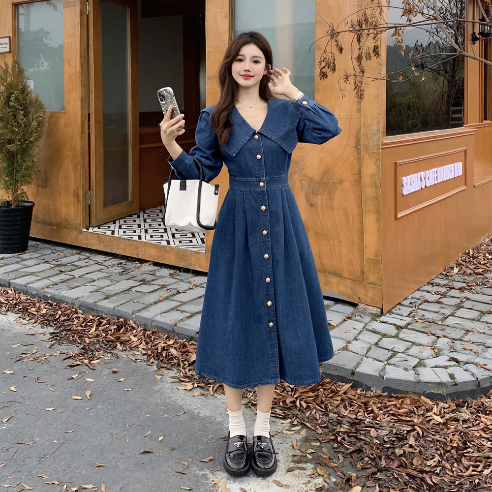 大码女装胖收腰显瘦长袖牛仔连衣裙简约韩版A字裙秋冬