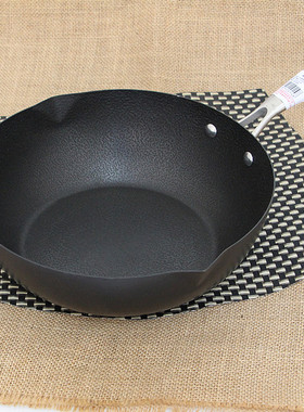 日式精铁炒菜锅无涂层平底煎炒锅加厚加深不易粘锅26.28cm熟铁锅