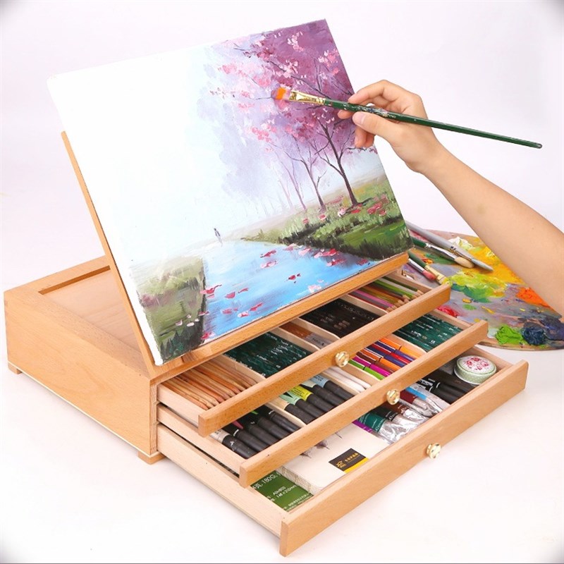 榉木抽屉木质画架画盒桌面油画箱收纳盒画板画架套装支架式