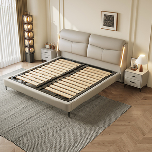 轻奢皮床主卧双人大床现代简约1.8米婚床1.5米高箱收纳床带感应灯